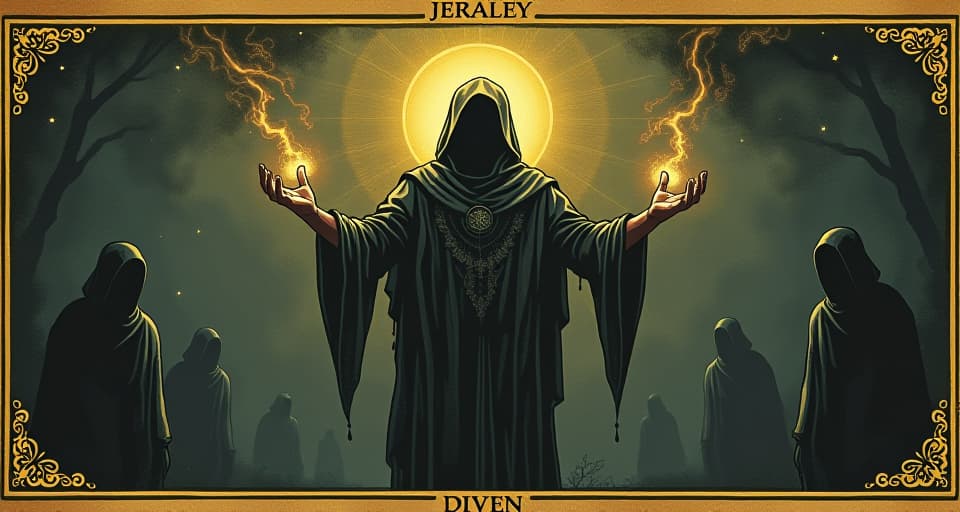  a figure surrounded by glowing, protective symbols, holding back approaching shadows, aura of divine light expanding, fortified, resilient. an illustration in the style of a worn, mystical old tarot trump card, mysterious and elements of surrealism. the colors are muted, somber and eerie, but with contrast bring out an occult and esoteric vibe.