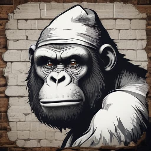 Drunky monkey ape white black logo gorilla in Cartoon style with Old Wall background