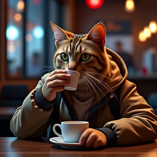  in a dark cafe, hemule, the anthropomorphic light brown tabby cat with rebellious charisma, sips coffee. the scene is vibrant and detailed, blending urban streetwear and cypherpunk in a comic book like style. hyperrealistic, full body, detailed clothing, highly detailed, cinematic lighting, stunningly beautiful, intricate, sharp focus, f/1. 8, 85mm, (centered image composition), (professionally color graded), ((bright soft diffused light)), volumetric fog, trending on instagram, trending on tumblr, HDR 4K, 8K