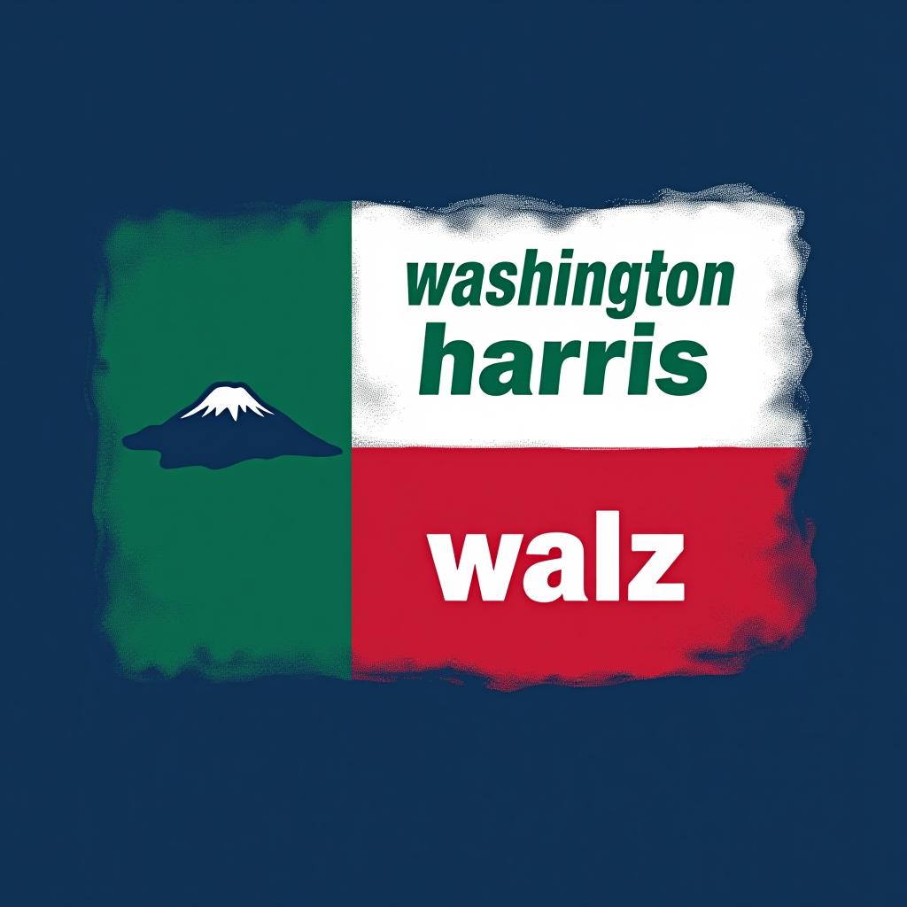  a tshirt design inspired by the washington state flag. the left side features a green vertical stripe with a large mountain in the center. the right side is divided into two horizontal sections: the top section is white with the text 'washington for' in bold, green, uppercase letters, and the bottom section is red with the text 'harris walz' in bold, white, uppercase letters. the overall layout is clean and straightforward, with a clear and patriotic color scheme of blue, white, and red.