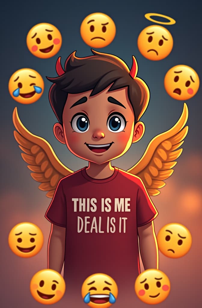  create an image for a t shirt assorted emojis including happy sad crying angel devil mad blushing cartoon style with text saying this is me deal with it hyperrealistic, full body, detailed clothing, highly detailed, cinematic lighting, stunningly beautiful, intricate, sharp focus, f/1. 8, 85mm, (centered image composition), (professionally color graded), ((bright soft diffused light)), volumetric fog, trending on instagram, trending on tumblr, HDR 4K, 8K