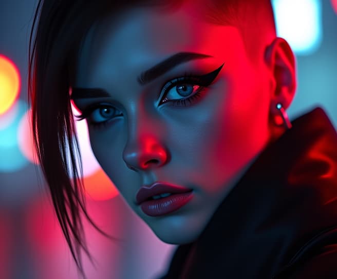  ultra realistic close up portrait ((beautiful pale cyberpunk female with heavy black eyeliner)), blue eyes, shaved side haircut, hyper detail, cinematic lighting, magic neon, dark red city, canon eos r3, nikon, f/1.4, iso 200, 1/160s, 8k, raw, unedited, symmetrical balance, in frame, 8k hyperrealistic, full body, detailed clothing, highly detailed, cinematic lighting, stunningly beautiful, intricate, sharp focus, f/1. 8, 85mm, (centered image composition), (professionally color graded), ((bright soft diffused light)), volumetric fog, trending on instagram, trending on tumblr, HDR 4K, 8K