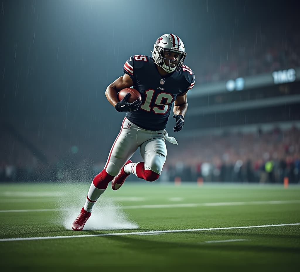  an american football player mid flight in the rain