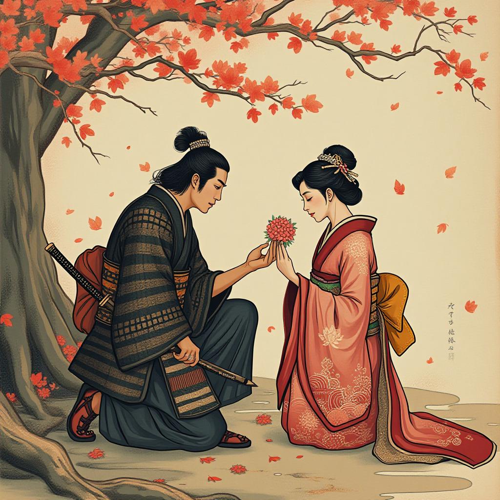  masterpiece. ancient japanese print.(samurai, with a katana at his belt, down on one knee giving a cherry blossom to a beloved in a beautiful kimono, around a whirlwind of autumn leaves:1.5). the style of ancient japanese prints