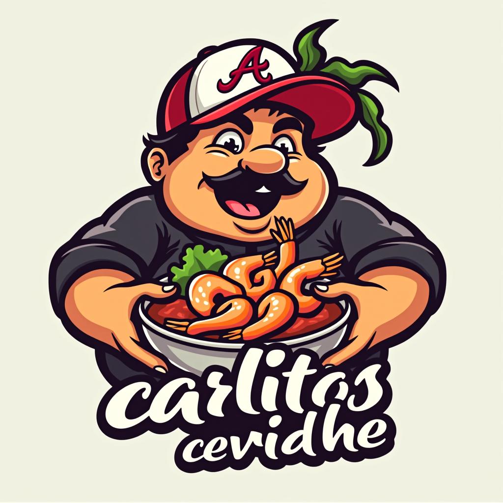  design a logo, in a threedrender style. chubby mexican with bowl of shrimp wearing an atlanta braves baseball hat, with the text 'carlitos ceviche'.