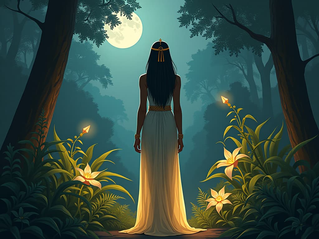  ancient egyptian sacred grove under the full moon, large busted priestess in a sheer dress, standing amidst glowing flora, scene of renewal and clarity. the style is digital art illustration / modern comic book / mysterious occult, symbolic, esoteric vibe,high detail on character design, incorporating ancient egyptian symbology and attire.