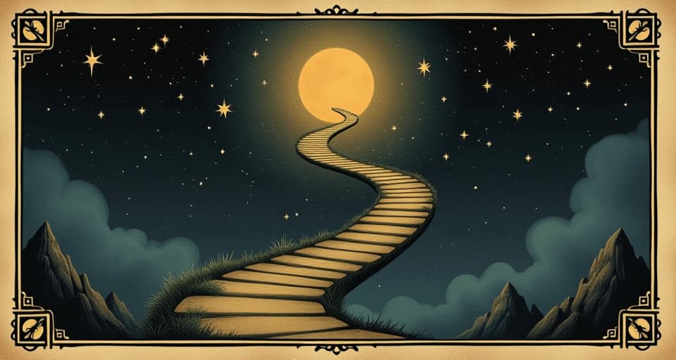  a spiral path leading upwards, surrounded by stars, suggesting a journey, illuminated path, awakening, celestial. an illustration in the style of a worn, mystical old tarot trump card, mysterious and elements of surrealism. the colors are muted, somber and eerie, but with contrast bring out an occult and esoteric vibe.