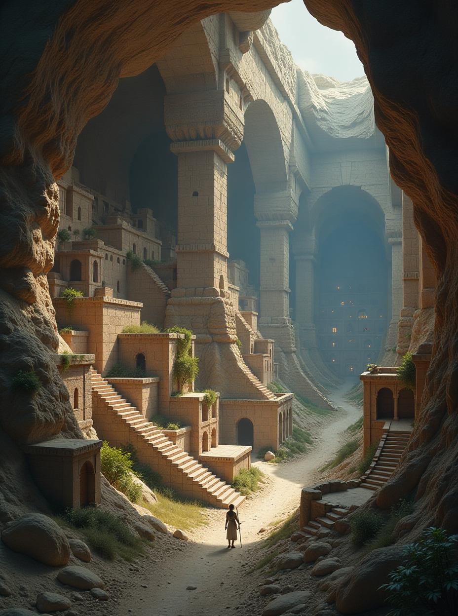  extremely detailed illustration of a vast, enclosed, underground cavern, at least a mile wide and twice as tall, that houses an ancient city carved into sandstone. there are countless dwellings where people once lived with an elaborate series of staircases and walkways leading to homes on many different levels. on the walls are elaborated patterns made in paints of earthy hues that has since faded with time. it is dark and moody with the only source of illumination provided by warm glows coming from within some of the distant homes, there is no natural light. a barely visible, tiny silhouette of a 20th century female explorer emphasises the colossal scale of the ruins., high quality, high details, hd, perfect composition, 4k epic detailed