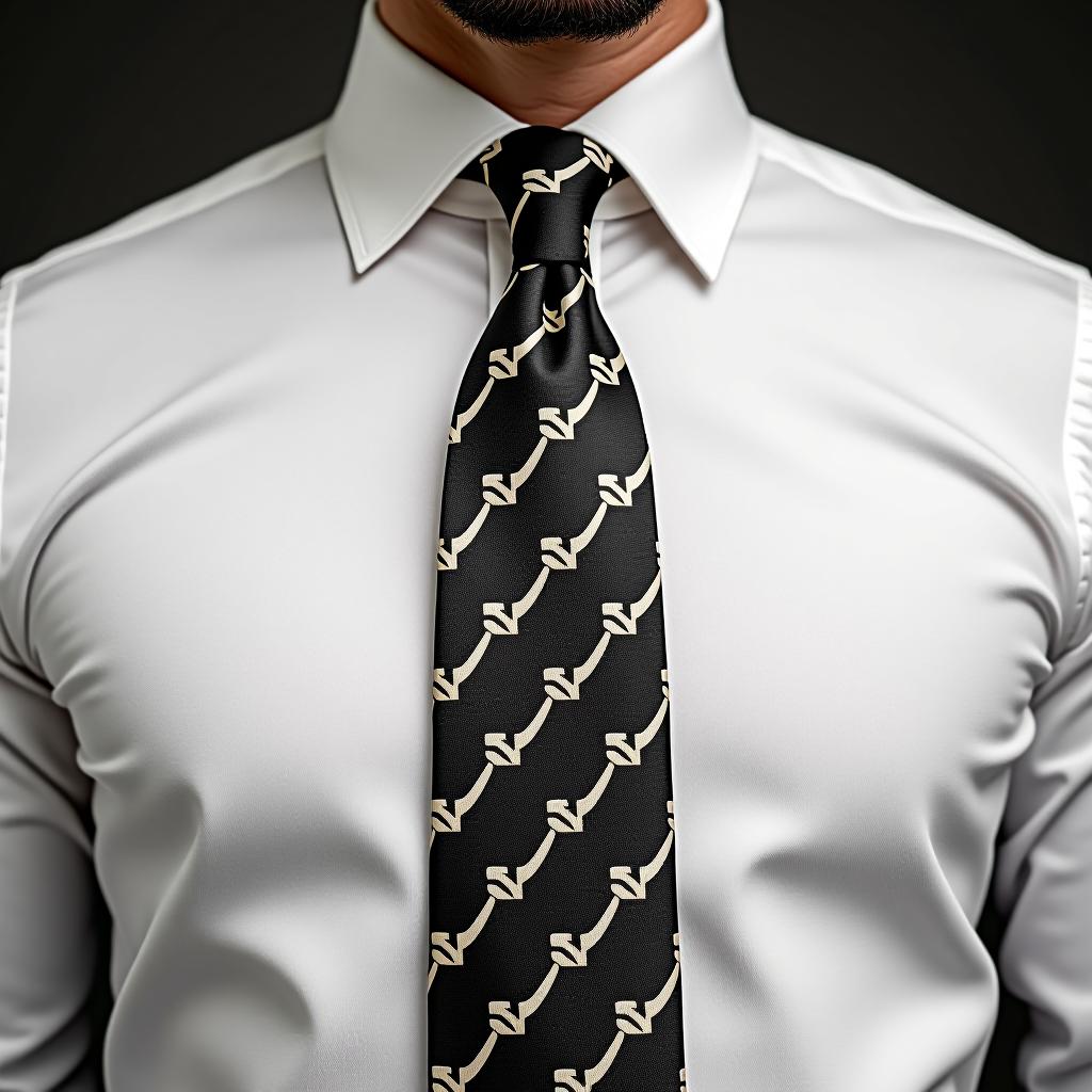  create a high resolution image of a full body man in a formal setting wearing a self tie silk tie with an embossed logo, featuring a standard fit and length, and a geometric pattern in black and off white.