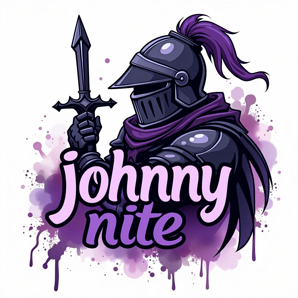  design a logo, in a watercolor style. knight graffiti purple and black, with the text 'johnny nite'.