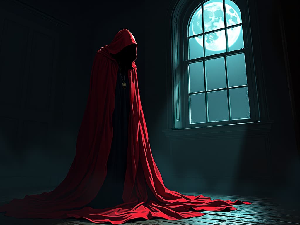  haunted figure in red cloak, restless in a shadowy room, moonlight filtering through window, sense of inner turmoil. the style is digital art illustration / modern comic book / graphic dark novel fantasy and mysterious occult, symbolic, moody lighting, esoteric vibe,high detail on character design. for the color scheme emphasize blacks and reds.