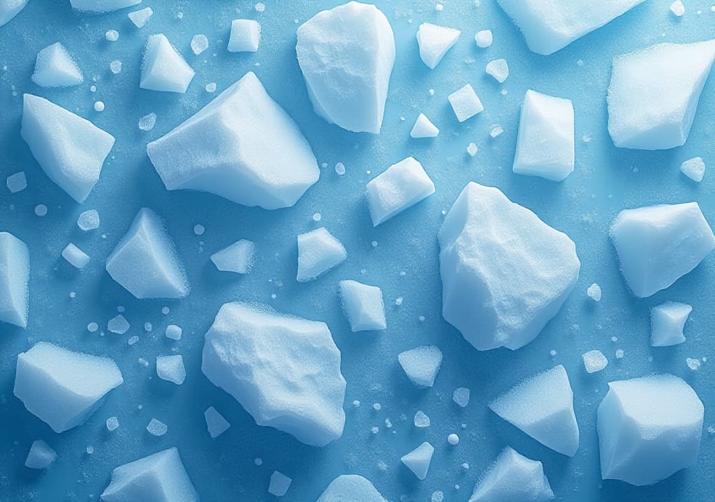  crushed pieces of ice with snow background texture; top view; natural blue color