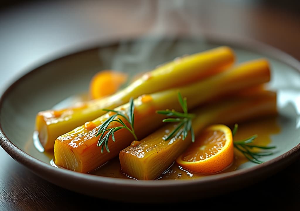  envision a stunning image of braised leeks arranged elegantly on a rustic ceramic platter, their golden brown edges glistening with a citrus glaze. scattered around the leeks are vibrant orange segments and delicate fennel fronds, creating a beautiful contrast of colors and textures. a light, aromatic steam rises from the dish, set against a backdrop of soft, warm lighting that highlights the dish's inviting appearance., in the style of photographic hyperrealistic, full body, detailed clothing, highly detailed, cinematic lighting, stunningly beautiful, intricate, sharp focus, f/1. 8, 85mm, (centered image composition), (professionally color graded), ((bright soft diffused light)), volumetric fog, trending on instagram, trending on tumblr, HDR 4K, 8K