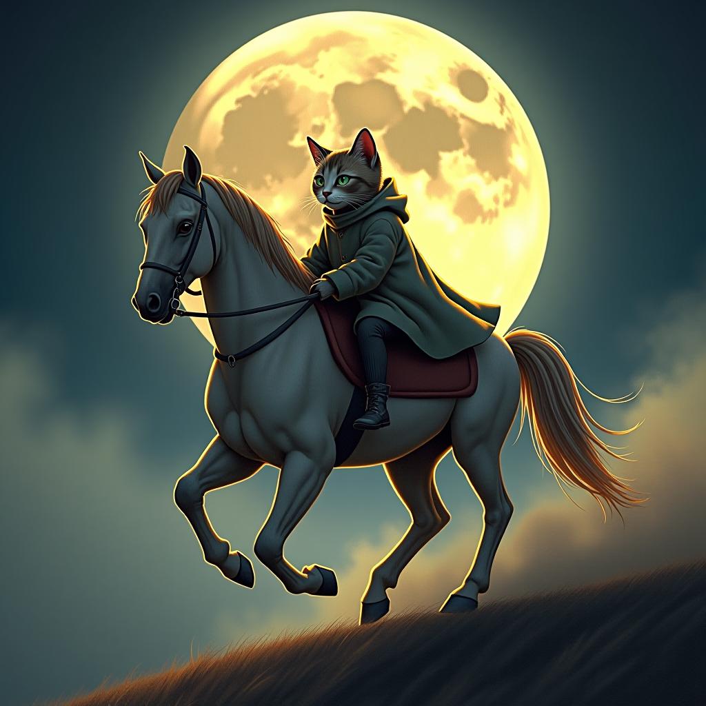  a cat riding a horse, hand drawn, on the moon, studio light, hdr 4k hyperrealistic, full body, detailed clothing, highly detailed, cinematic lighting, stunningly beautiful, intricate, sharp focus, f/1. 8, 85mm, (centered image composition), (professionally color graded), ((bright soft diffused light)), volumetric fog, trending on instagram, trending on tumblr, HDR 4K, 8K