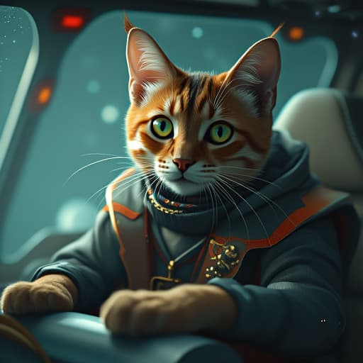  amidst the vast expanse of the cosmos, hemule, the anthropomorphic light brown tabby cat with intense green eyes and a rebellious aura, commands a sleek spaceship. the spaceship's interior gleams with futuristic technology, casting a soft, ethereal glow that illuminates hemule's immaculate style. hemule's posture exudes confidence as they navigate through swirling stardust, their edgy demeanor contrasting against the serene beauty of the cosmic landscape outside the spaceship's windows. the scene captures a perfect blend of elegance and adventure, with hemule's presence adding a touch of enigmatic charm to the interstellar journey. hyperrealistic, full body, detailed clothing, highly detailed, cinematic lighting, stunningly beautiful, intricate, sharp focus, f/1. 8, 85mm, (centered image composition), (professionally color graded), ((bright soft diffused light)), volumetric fog, trending on instagram, trending on tumblr, HDR 4K, 8K