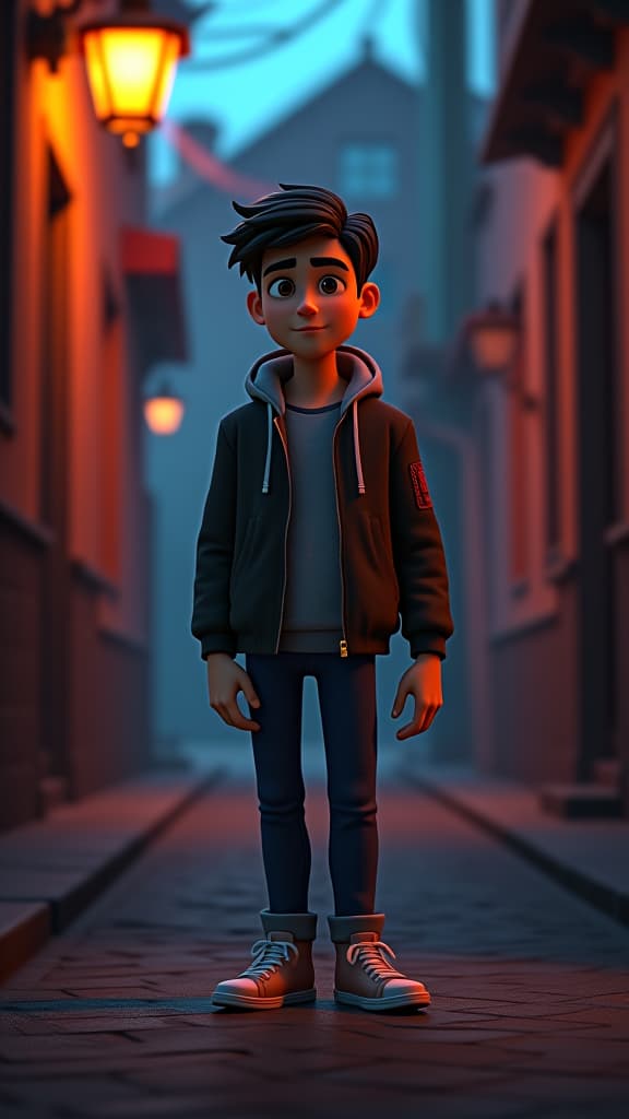  pixar style 3d animation, young man with a mysterious aura standing confidently, dimly lit alley background, dynamic lighting, vibrant colors, detailed textures