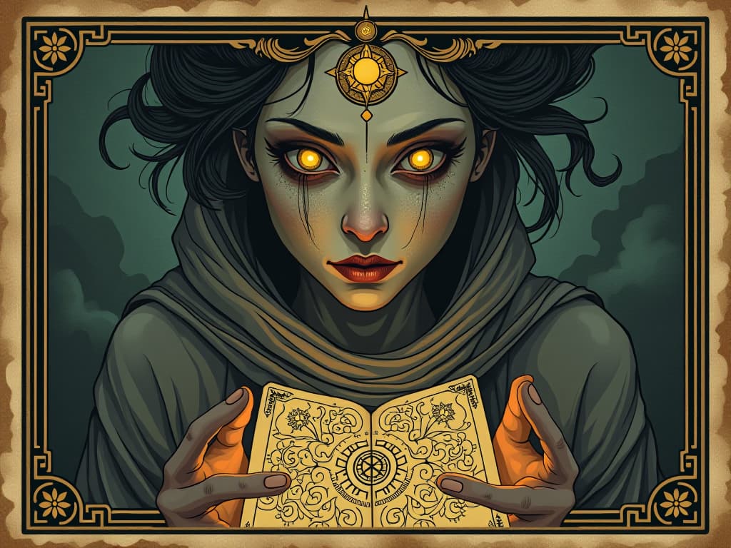  person with eyes glowing, intense focus on artwork forming in front, mind connected to cosmic patterns, transcending earthly realms, visionary creation. an illustration in the style of a worn, mystical old tarot trump card, mysterious and elements of surrealism. the colors are muted, somber and eerie, but with contrast bring out an occult and esoteric vibe.