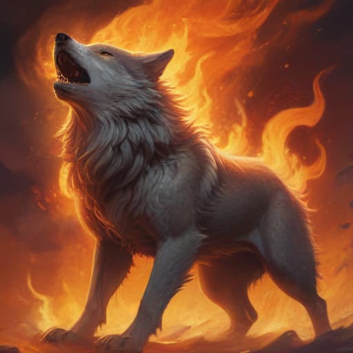 In a digital art style reminiscent of Akina Fujiwara, depict a majestic Divine Beast: Scorching Wolf standing proudly amidst a fiery inferno. Its fur is ablaze with flames, its eyes glowing with intense heat. The background is a swirling vortex of fire and smoke, showcasing the wolf's power and ferocity. The overall composition should be dynamic and eye-catching, capturing the essence of a powerful fire attribute creature. fantastical creatures or characters inspired by mythology, folklore, or popular culture. use vibrant colors, sharp lines, intricate details, dynamic poses, dramatic lighting, atmospheric backgrounds, and blend anime, manga, and Western comic influences.