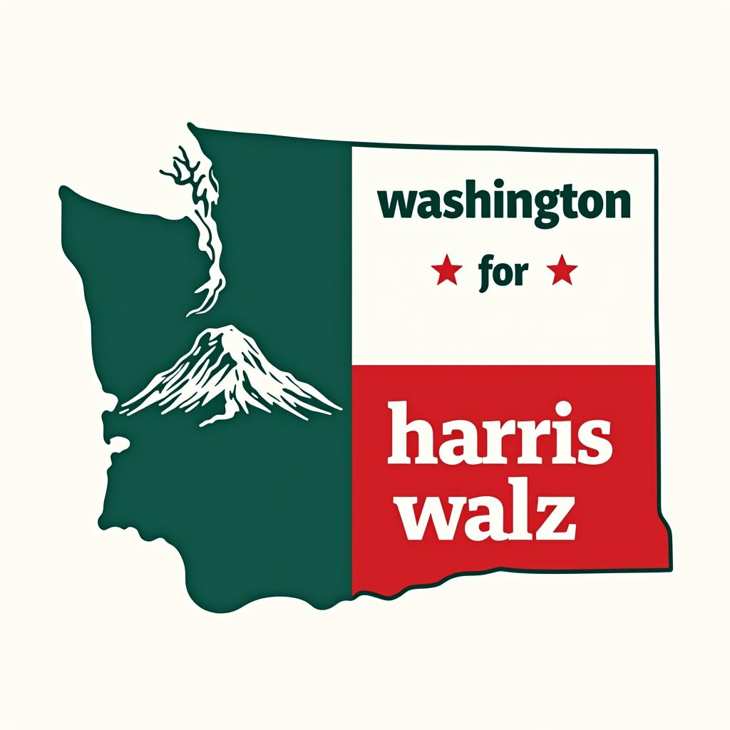  a design inspired by the washington state flag. the left side features a green vertical stripe with mt. rainer in the center. the right side is divided into two horizontal sections: the top section is white with the text 'washington for' in bold, green, uppercase letters, and the bottom section is red with the text 'harris walz' in bold, white, uppercase letters. the overall layout is clean and straightforward, with a clear and patriotic color scheme of blue, white, and red.