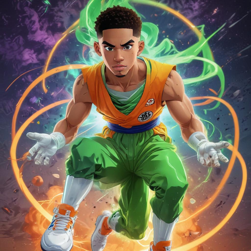 distance-shot, flashy, full-body, dynamic, holographic, animated cartoon poster of jayson tatum in the style of dragon ball super