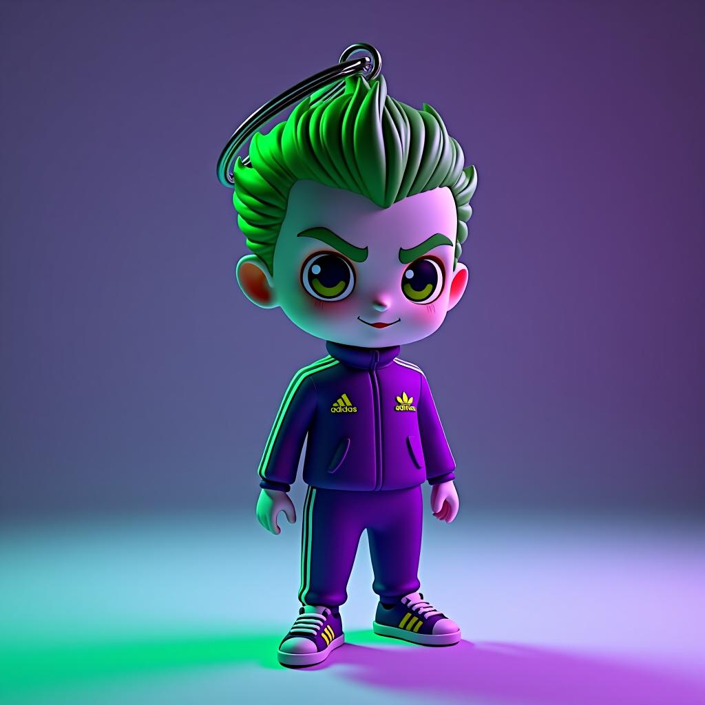  a 3d printer model illustration of a keychain featuring a chibi joker wearing purple tracking suit adidas and green stripes, trendy shoes. the keychain is in a neon green and purple lighting in studio photography. the illustration has dynamic lighting and vivid colors.