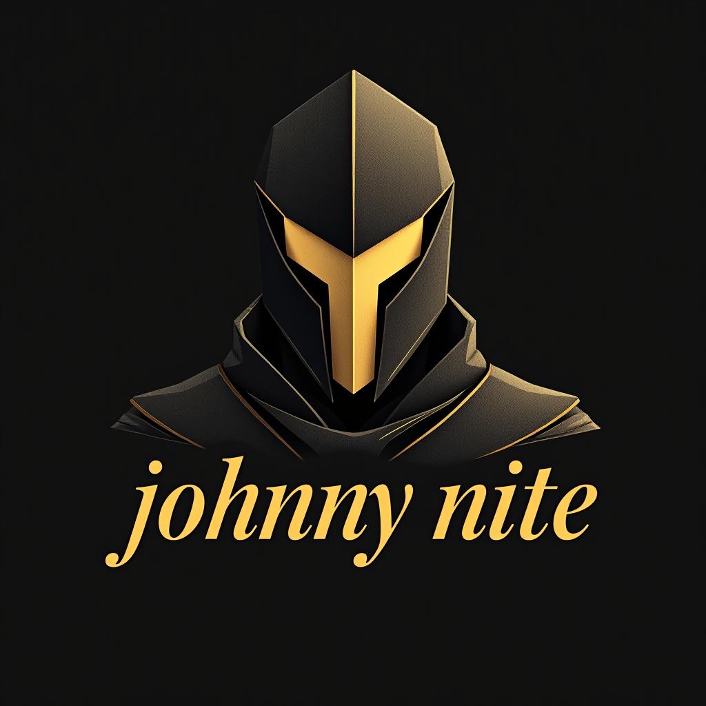  design a logo, in a origami style. knight with a mic, gold and black, with the text 'johnny nite'.