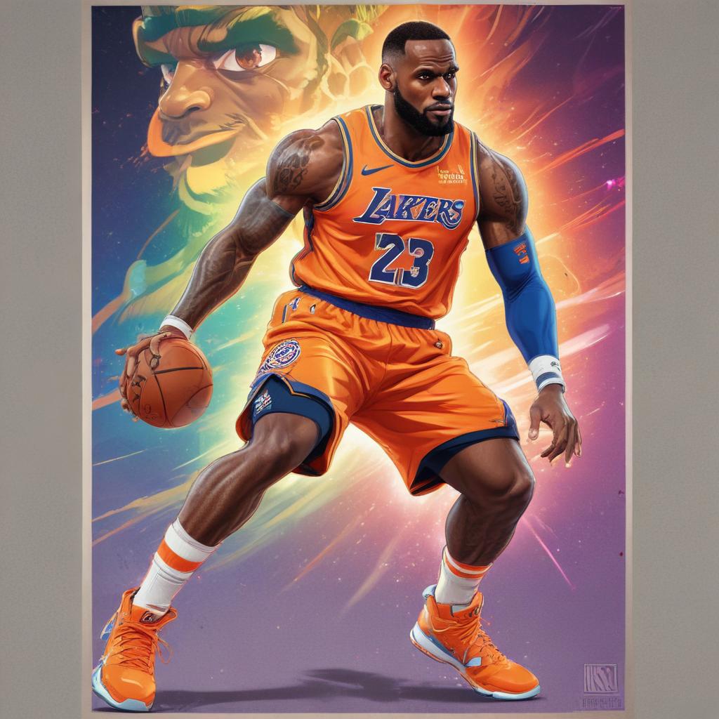 distance-shot, flashy, full-body, dynamic, holographic, animated cartoon poster of lebron james in the style of dragon ball super