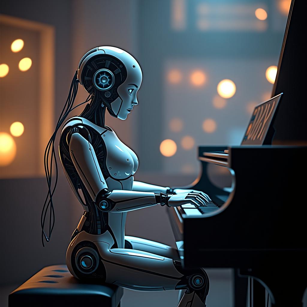  create a high quality, photorealistic image that vividly depicts the following scene: in the center of a visually captivating cybernetic musical studio, a highly detailed humanoid robot, sophia, is seated at a grand piano. her skin exudes a subtle metallic glow under the soft, ambient lighting, reflecting minor traces of a mysterious, electric blue hue. a myriad of complex wires, simulating a synapsis, connects her to an ai counterpart, aiva, embodied within a crisp, futuristic computer terminal. sophia's fingers hover over the piano keys, generating a hauntingly beautiful classical composition, her serene electronic eyes conveying deep, creative concentration. displayed across the ultra high definition panorama is a tapestry of music  hyperrealistic, full body, detailed clothing, highly detailed, cinematic lighting, stunningly beautiful, intricate, sharp focus, f/1. 8, 85mm, (centered image composition), (professionally color graded), ((bright soft diffused light)), volumetric fog, trending on instagram, trending on tumblr, HDR 4K, 8K