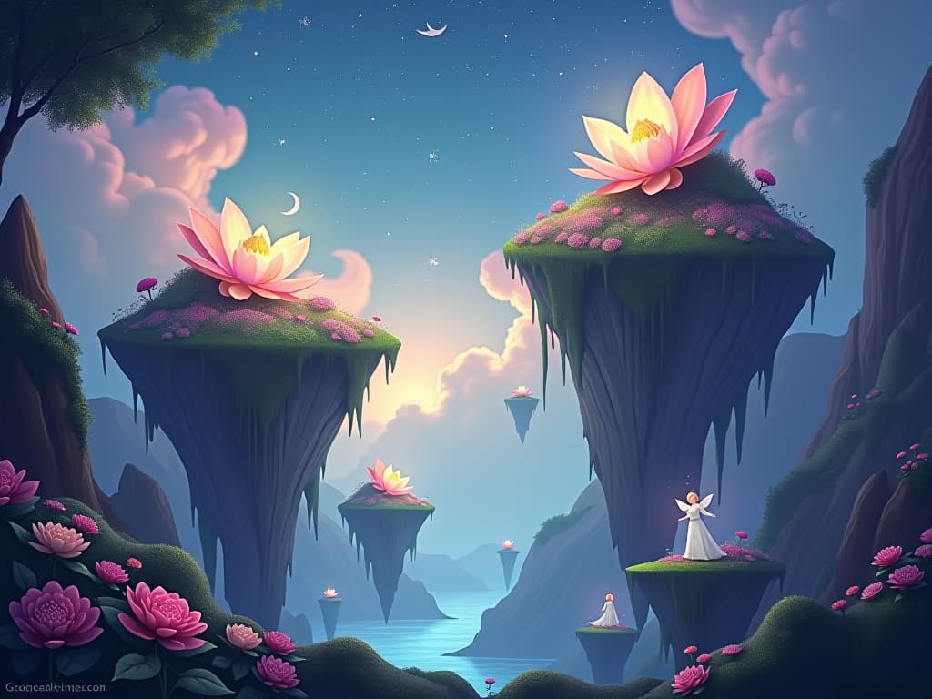  enchanted space with floating islands, glowing flora, serene ethereal beings, peaceful and magical vibes. the style is digital art illustration,highly detailed, whimsical,magical, dreamlike atmosphere, realism and fantasy blend, smooth, glossy textures,luminous quality, wonder and enchantment.