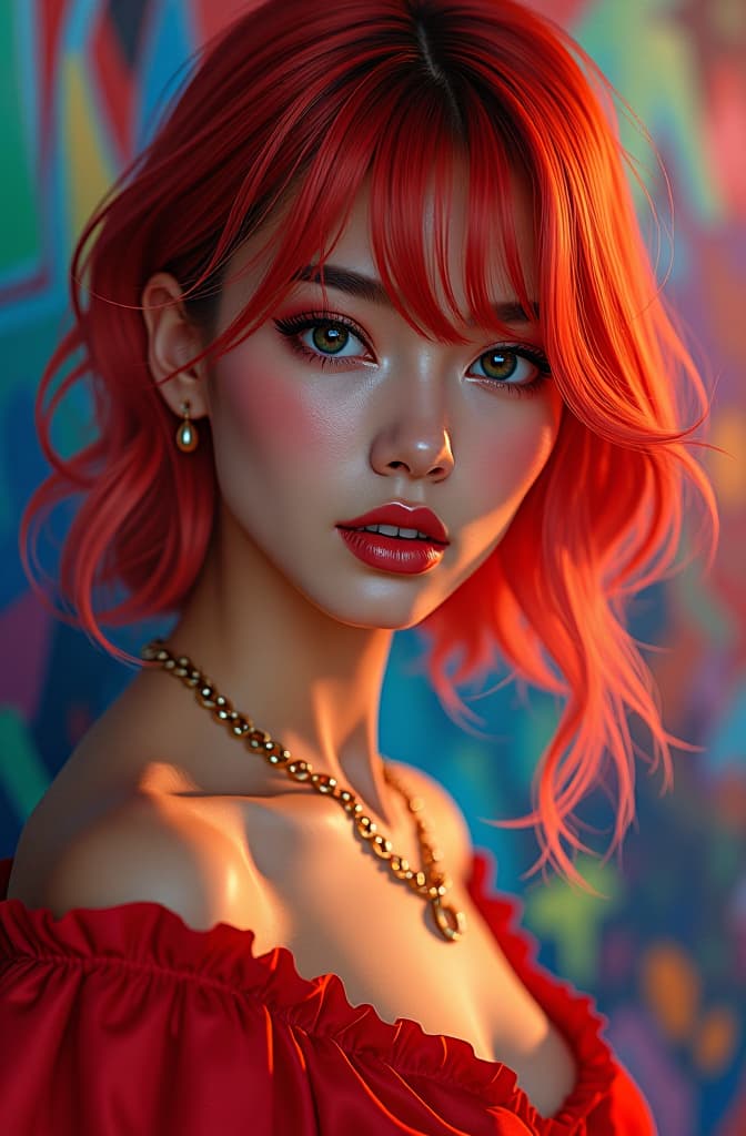  garota com um vestido vermelho colado de cabelos pretos e seios grandes, multicolored hair, colorful background, realistic shaded perfect face, fine details by realistic shaded lighting poster by ilya kuvshinov katsuhiro otomo, magali villeneuve, artgerm, jeremy lipkin and michael garmash and rob rey hyperrealistic, full body, detailed clothing, highly detailed, cinematic lighting, stunningly beautiful, intricate, sharp focus, f/1. 8, 85mm, (centered image composition), (professionally color graded), ((bright soft diffused light)), volumetric fog, trending on instagram, trending on tumblr, HDR 4K, 8K