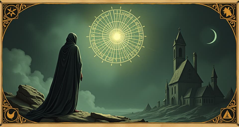  a robed figure looking at an ethereal blueprint floating in the air, glowing with divine light, reverent, visionary. an illustration in the style of a worn, mystical old tarot trump card, mysterious and elements of surrealism. the colors are muted, somber and eerie, but with contrast bring out an occult and esoteric vibe.