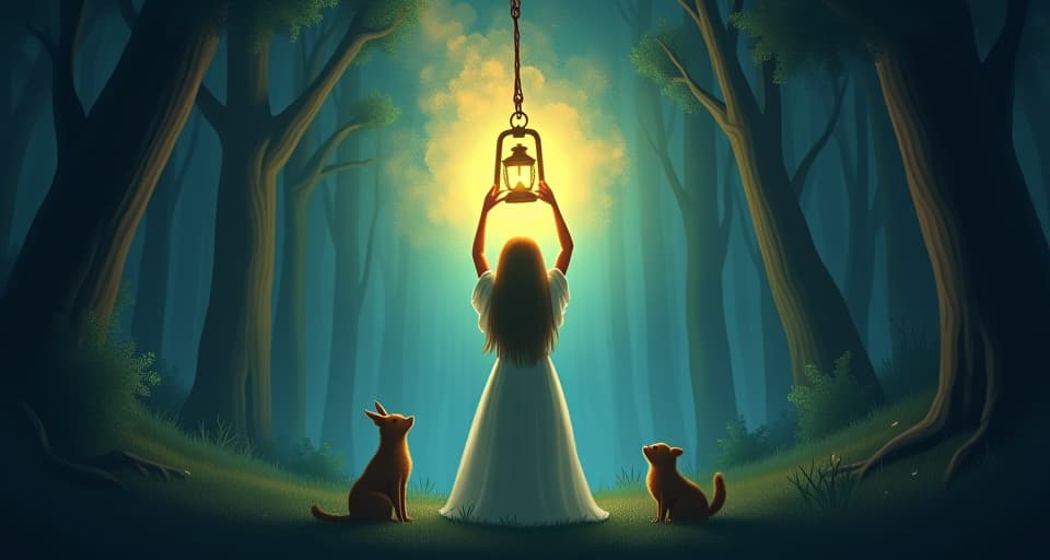  a bright, glowing lantern, held aloft by an ethereal, serene figure in a dark forest. magical creatures drawn to the light, symbolizing hope and guidance.. the style is digital art illustration,highly detailed, whimsical,magical, dreamlike atmosphere, realism and fantasy blend, smooth, glossy textures,luminous quality, wonder and enchantment.