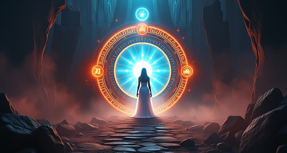  ancient portal with glowing symbols, celestial light, ethereal priestess, open gateway, mystical and sacred.. the style is bright vivid color.