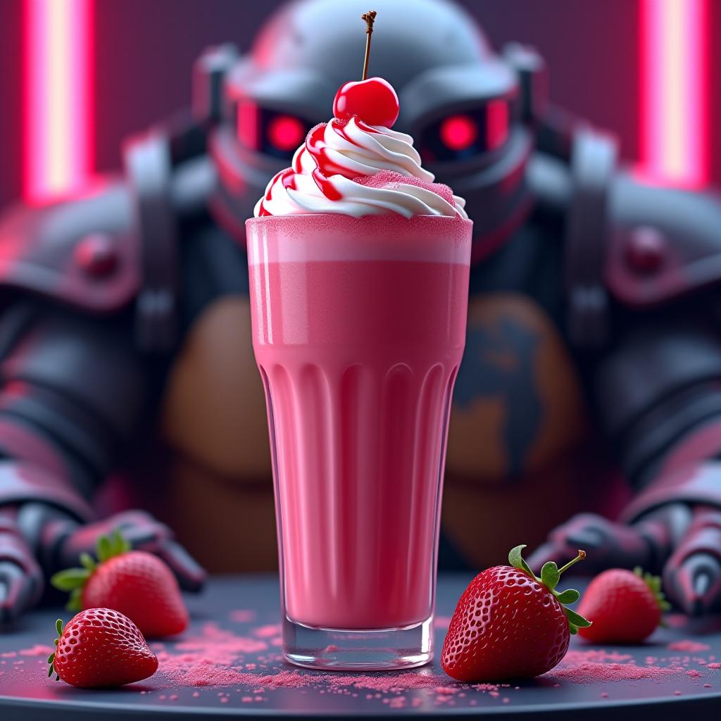  a vint milkshake promotional banner inspired by the iconic villain krang from age mutant ninja turtles. a pink strawberry milkshake served in a clear gl, topped with whipped cream and drizzled with bright strawberry syrup. the rich pink color of the tail reflects krang's style, with details like candy sprinkles and a cherry on top. the background consists of dark sci fi elements, against the backdrop of a large humanoid cyborg in sungles, bald hyperrealistic, full body, detailed clothing, highly detailed, cinematic lighting, stunningly beautiful, intricate, sharp focus, f/1. 8, 85mm, (centered image composition), (professionally color graded), ((bright soft diffused light)), volumetric fog, trending on instagram, trending on tumblr, HDR 4K, 8K