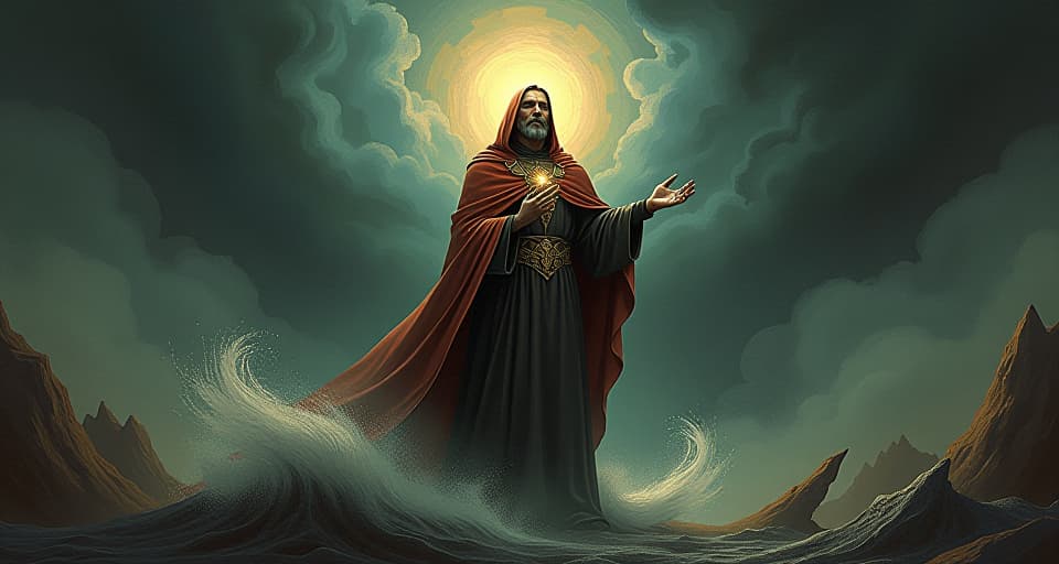  a majestic figure in resplendent robes, standing tall amidst a dark, swirling storm, resolute expression, beacon of hope. an illustration in the style of a worn, mystical old tarot trump card, mysterious and elements of surrealism. the colors are muted, somber and eerie, but with contrast bring out an occult and esoteric vibe.