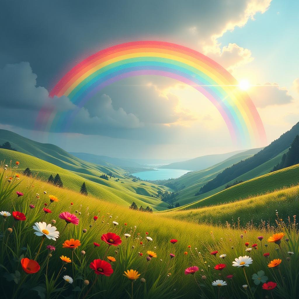  foreground: a vibrant, radiant rainbow arching across the sky, its colors blending seamlessly from deep indigo to bright red, with each hue graduating smoothly into the next. the rainbow is adorned with delicate, shimmering mist that catches the light, creating a ethereal glow around its edges. background: a serene landscape of rolling green hills dotted with wildflowers in every color of the rainbow, their petals swaying gently in the breeze. in the distance, a clear blue lake reflects the sky above, adding an element of symmetry and tranquility to the scene. the sun shines softly, casting a warm golden light over the entire scene.