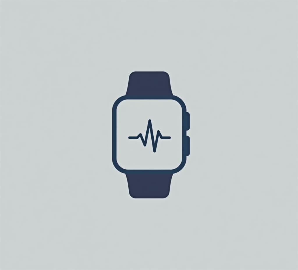  a clean, minimalist design featuring a wearable device icon with a simple heartbeat line across it, symbolizing continuous health monitoring, set against a light grey background