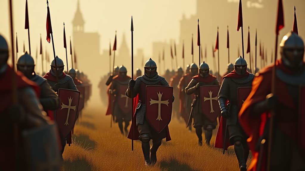  images about historical curiosities, a battle scene showcasing the charge of the templars during the battle of montgisard in 1177, with knights overwhelming a larger saracen army. hyperrealistic, full body, detailed clothing, highly detailed, cinematic lighting, stunningly beautiful, intricate, sharp focus, f/1. 8, 85mm, (centered image composition), (professionally color graded), ((bright soft diffused light)), volumetric fog, trending on instagram, trending on tumblr, HDR 4K, 8K