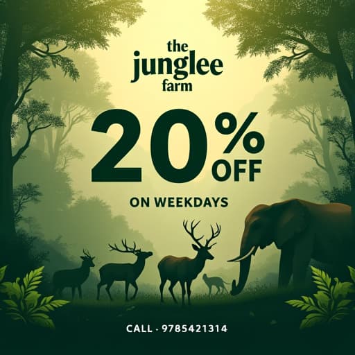  create a wildlife themed offer post for 'are you ready junglees? with the following elements: main message: '20% off on weekdays' in bold, natural colored font (dark green or earthy brown). call to action: 'call 9785421314' prominently displayed below the offer. theme: incorporate elements of wildlife, such as silhouettes of animals (e.g., deer, elephants, birds), lush greenery, and natural textures like wood or leaves. logo style: use 'the junglee farm' logo at the top of the post. the logo features a bold, serif font with slightly curved edges, rendered in a deep green color with a subtle texture, giving it a natural, organic feel. the text has a slightly raised, embossed effect, emphasizing its prominence. surround the logo with jungl hyperrealistic, full body, detailed clothing, highly detailed, cinematic lighting, stunningly beautiful, intricate, sharp focus, f/1. 8, 85mm, (centered image composition), (professionally color graded), ((bright soft diffused light)), volumetric fog, trending on instagram, trending on tumblr, HDR 4K, 8K