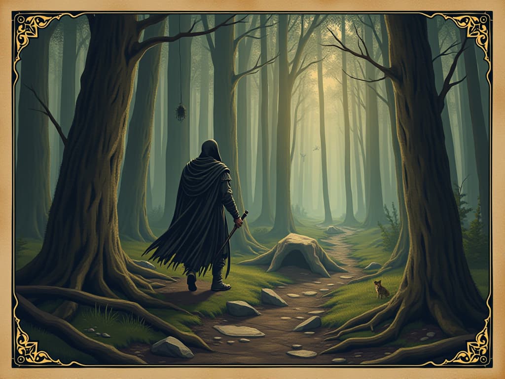  a lone warrior in a dense forest, stepping over hidden traps and snares, alert and vigilant, determined, resilient. an illustration in the style of a worn, mystical old tarot trump card, mysterious and elements of surrealism. the colors are muted, somber and eerie, but with contrast bring out an occult and esoteric vibe.