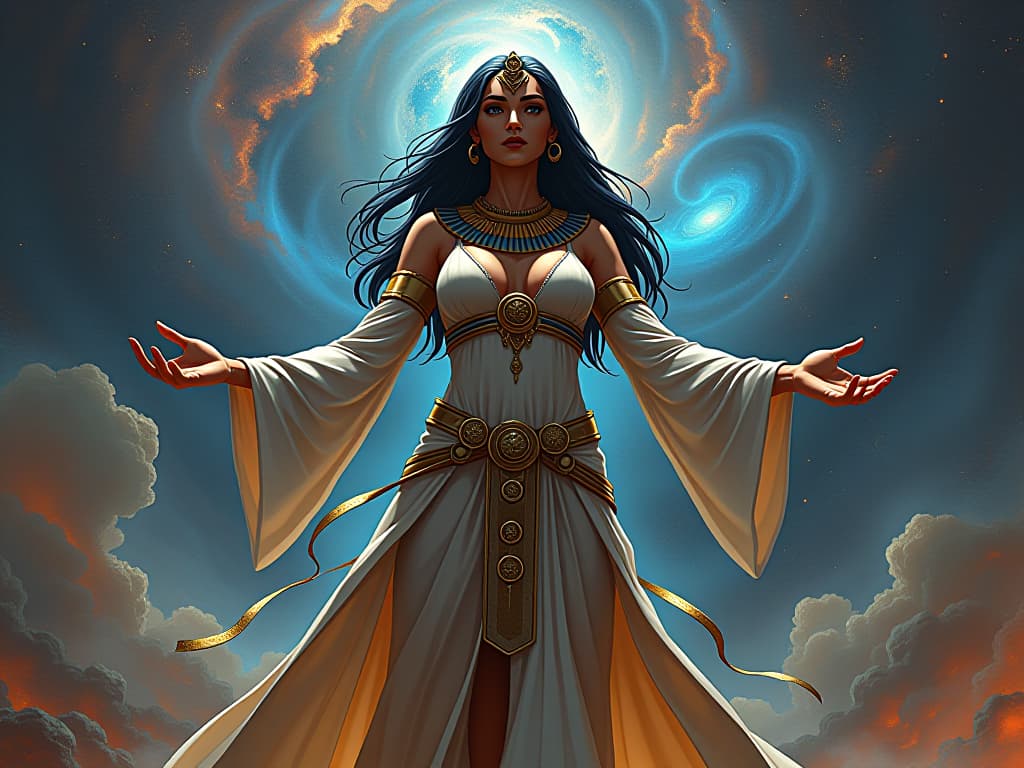  a cosmic vista, swirling galaxies, nebulae, a large busted female figure in tight, ethereal robes, hands outstretched, harnessing the vast potential of the universe, mood of cosmic empowerment. the style is digital art illustration / modern comic book / mysterious occult, symbolic, esoteric vibe,high detail on character design, incorporating ancient egyptian symbology and attire.