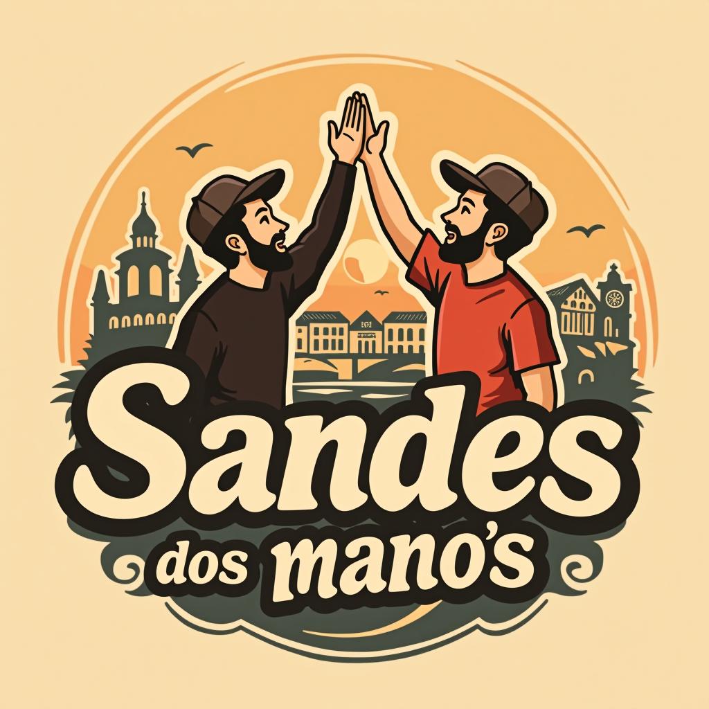  design a logo, the name is « sandes dos mano’s », this meaning sandwich of brother , and i have thinked in two brothers get a high five, with on sandwich , background a town like porto