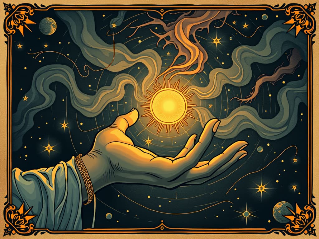  an astral hand crafting an energy sphere, cosmic energies swirling, radiant, empowering. an illustration in the style of a worn, mystical old tarot trump card, mysterious and elements of surrealism. the colors are muted, somber and eerie, but with contrast bring out an occult and esoteric vibe.