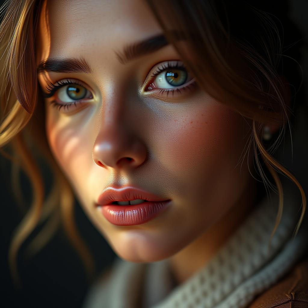  an impactful photorealistic close up of an enchanting european woman, her natural beauty magnified under a soft diffused light, highlighting her freckles and radiant skin. photographed with a nikon z7 using a 105mm f/1.4 lens. hyperrealistic, full body, detailed clothing, highly detailed, cinematic lighting, stunningly beautiful, intricate, sharp focus, f/1. 8, 85mm, (centered image composition), (professionally color graded), ((bright soft diffused light)), volumetric fog, trending on instagram, trending on tumblr, HDR 4K, 8K