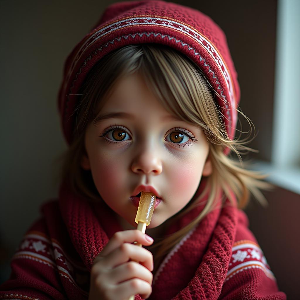  a beautiful kazakh girl is eating a jelly stick.