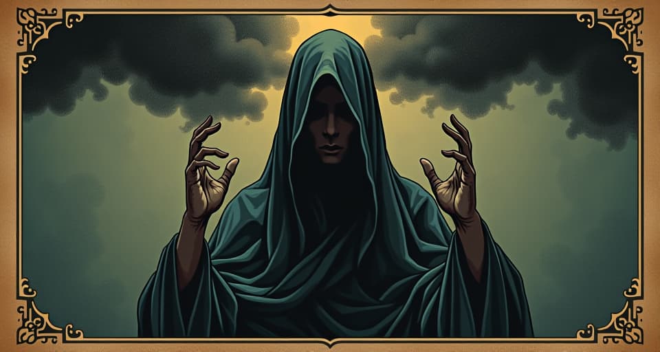  a figure parting dark clouds with their hands, constant, companion, guiding. an illustration in the style of a worn, mystical old tarot trump card, mysterious and elements of surrealism. the colors are muted, somber and eerie, but with contrast bring out an occult and esoteric vibe.