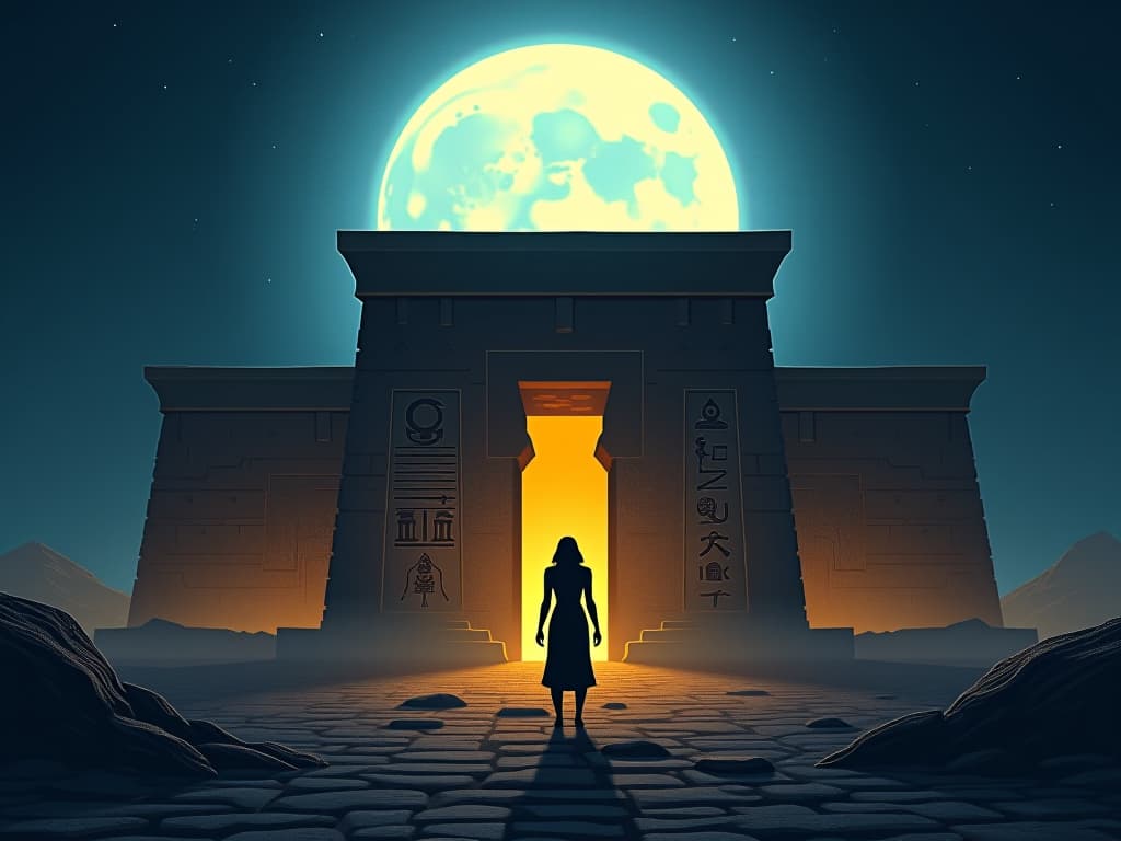  ancient egyptian temple, silhouette under the bright full moon, hieroglyphs glowing faintly, casting enigmatic shadows, sheathed in ethereal luminescence, creating a mystical and serene atmosphere. the style is digital art illustration / modern comic book / mysterious occult, symbolic, esoteric vibe,high detail on character design, incorporating ancient egyptian symbology and attire.