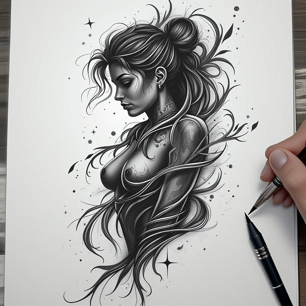  create a tattoo design of marbella, in the style of blackwork which is featuring bold black lines and shading, often with a focus on abstract or surreal imagery, on a white background