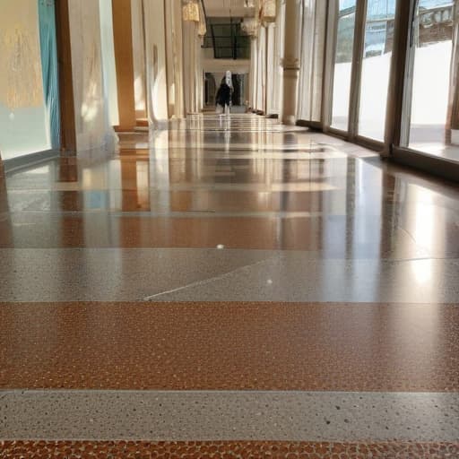 A photo of a skilled terrazzo flooring artisan meticulously polishing a vibrant mosaic pattern in a sunlit, spacious atrium during the golden hour with warm, soft lighting creating a striking visual contrast and enhancing the intricate details of the terrazzo design.