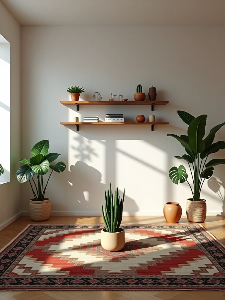  high quality portrait photo of a minimalist living room with a statement vintage rug, potted plants in various sizes, and simple floating shelves displaying curated decor items hyperrealistic, full body, detailed clothing, highly detailed, cinematic lighting, stunningly beautiful, intricate, sharp focus, f/1. 8, 85mm, (centered image composition), (professionally color graded), ((bright soft diffused light)), volumetric fog, trending on instagram, trending on tumblr, HDR 4K, 8K